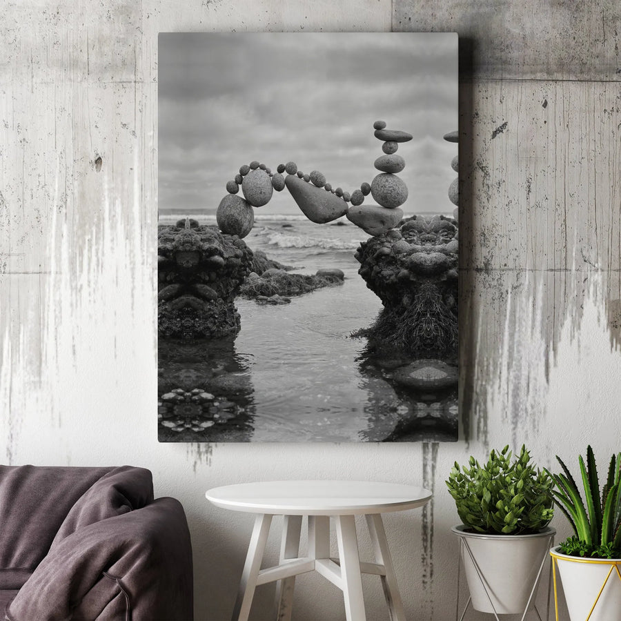 Balancing Rock Canvas Art | Black and White Coastal Photography | Premium Gallery Wrap | Zen Mindfulness Gift for Home & Office Decor