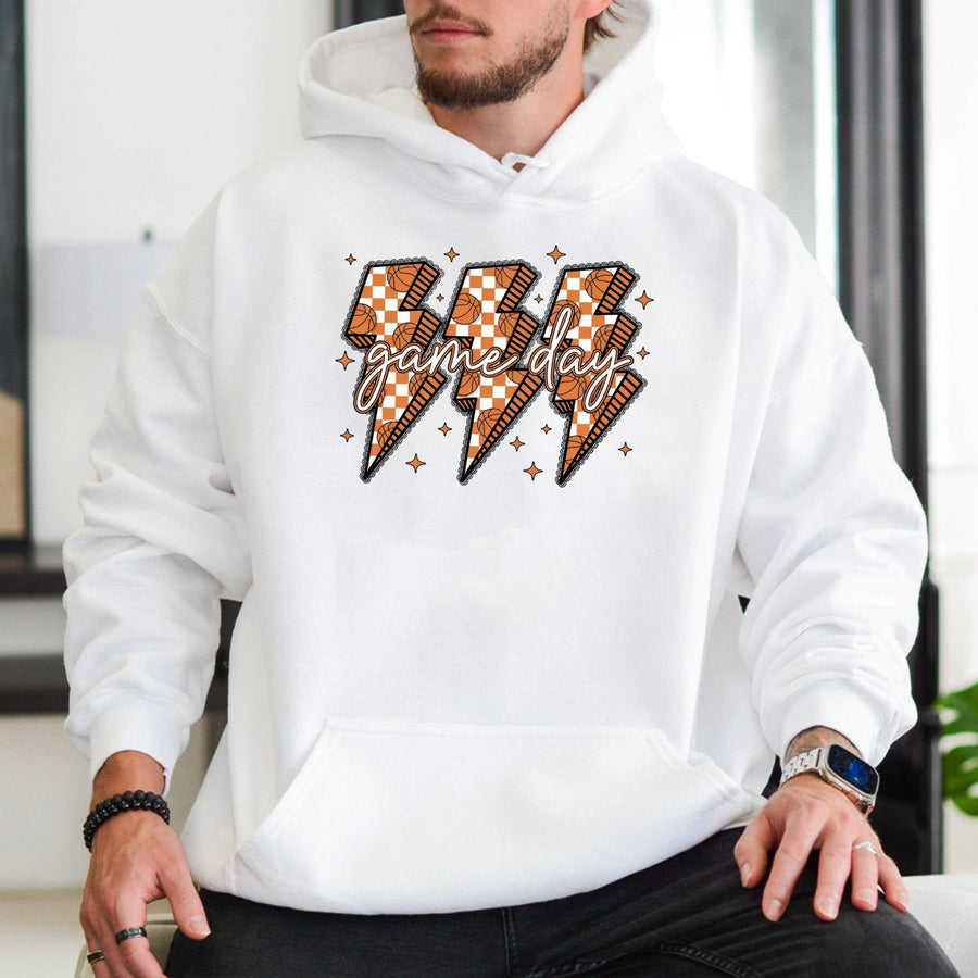 Game Day Basketball Hoodie | Checkerboard Lightning Bolt Graphic | Premium Cotton Blend | Unisex Sports Fan Gift for Players & Coaches