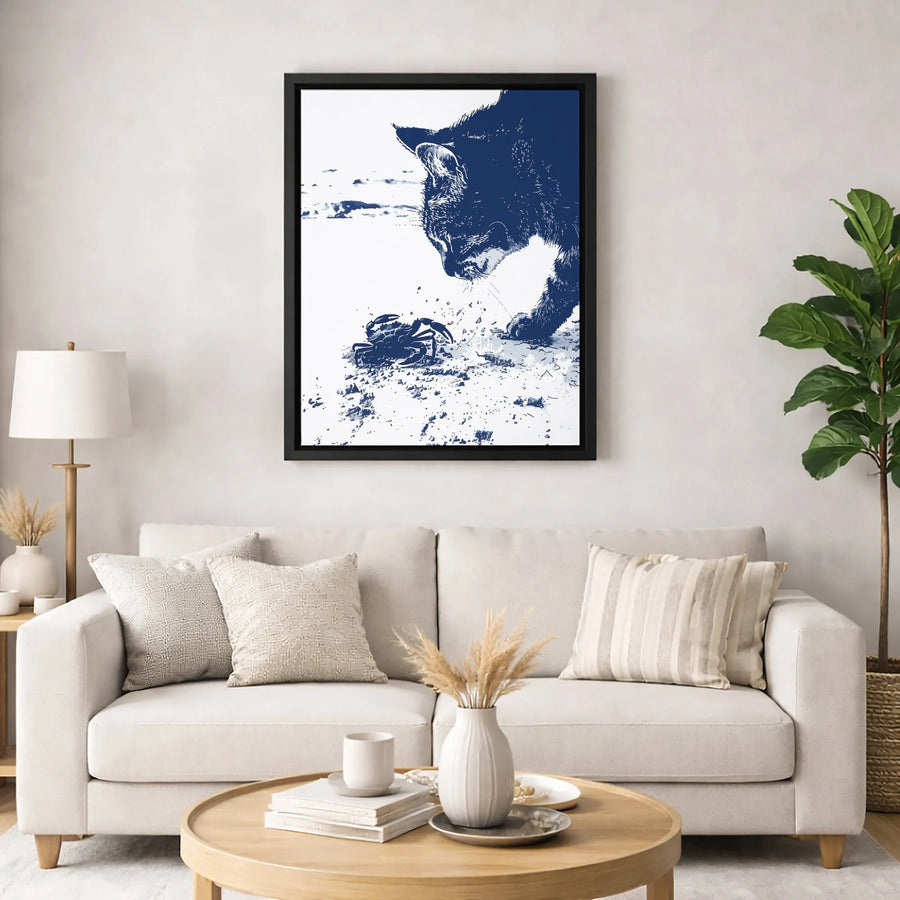 Cat and Crab Beach Canvas Wall Art | Blue and White Coastal Decor | Premium Gallery Wrap Print | Modern Animal Nature Home Gift