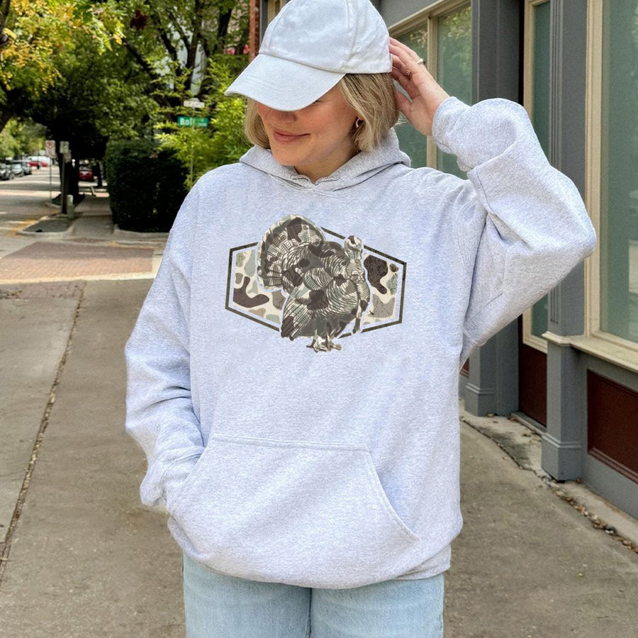 Turkey Hunting Hoodie | Vintage Camo Wild Turkey Graphic Design | Premium Cotton Blend | Gift for Outdoorsmen and Hunters