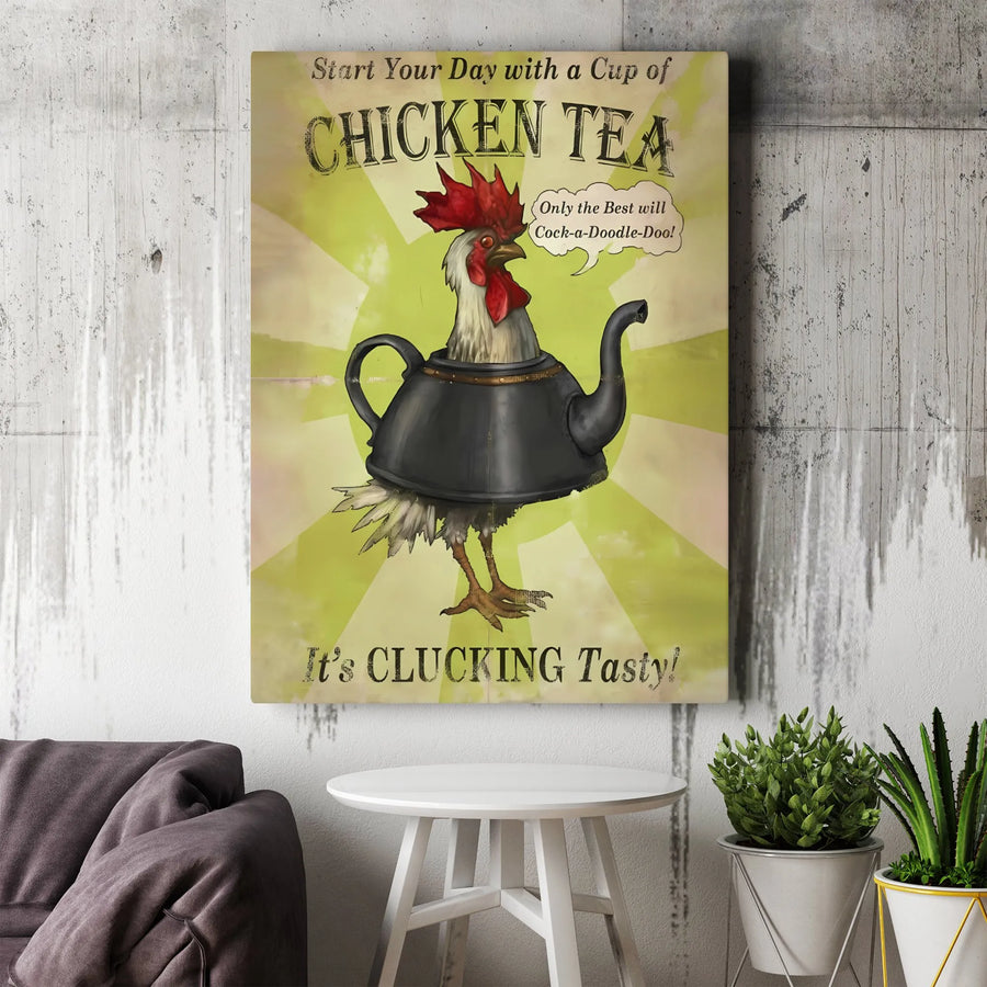 Funny Rooster Wall Art | Whimsical Chicken Teapot Illustration | Premium Gallery Wrapped Canvas | Farmhouse Kitchen Decor Gift