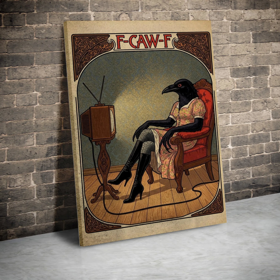 Anthropomorphic Crow Wall Art | Vintage TV Surrealism Poster | 1.25-Inch Gallery-Wrapped Canvas | Quirky Dark Academia Home Decor Gift