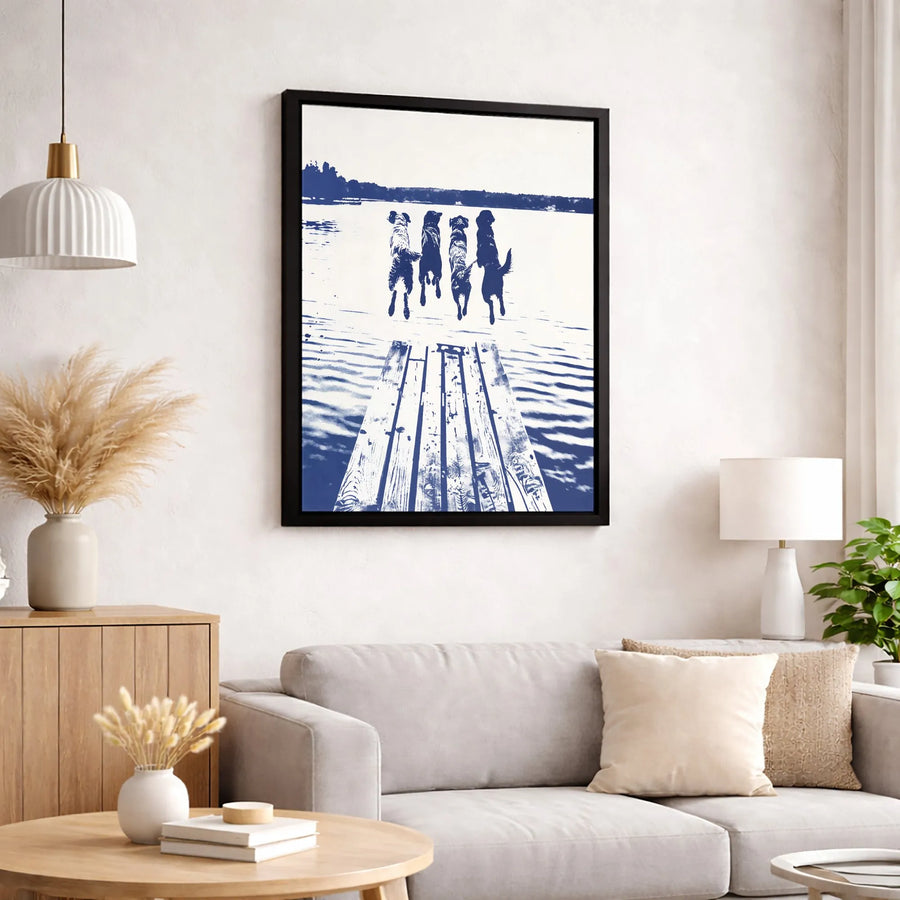Dogs Jumping Off Dock Canvas Art | Blue Silhouette Lake Scene | Premium 1.25-Inch Gallery Wrap | Gift For Dog Lovers & Lake House Decor