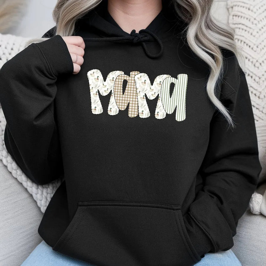Duck Hunting Mama Hoodie | Camo Mallard Duck Patchwork Style | Premium Cotton Tee | Gift for Outdoorsy Mom