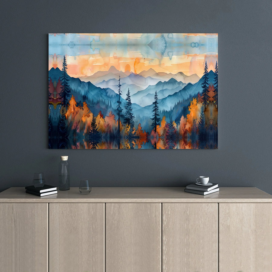 Watercolor Mountain Canvas Print | Autumn Forest Landscape Wall Art | Gallery Wrapped Premium Decor | Nature Lover Gift