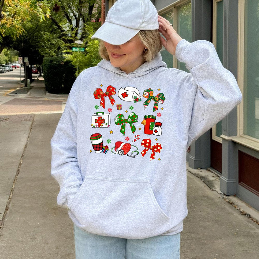 Nurse Christmas Hoodie | Coquette Bows Stethoscope Medical Design | Premium Cotton-Blend Pullover | Festive Healthcare Worker Holiday Gift