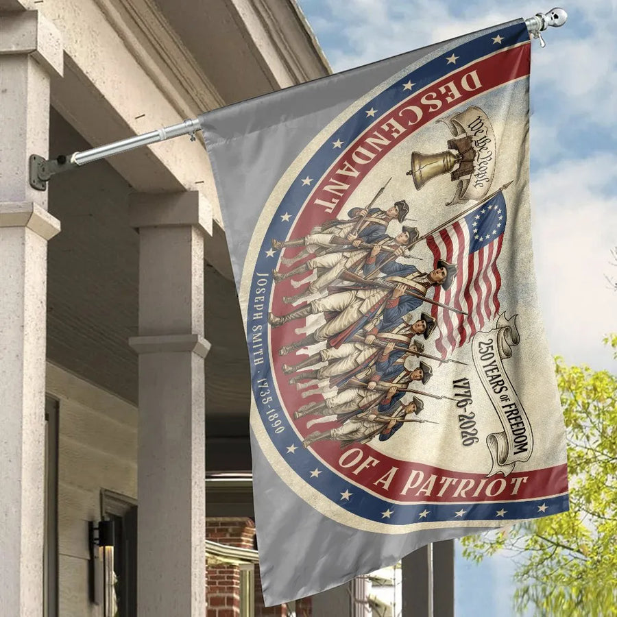 Descendant of a Patriot Flag | 1776-2026 Anniversary Design with Revolutionary Soldiers | Double Sided Polyester | Patriotic Porch Decor and Yard Gift