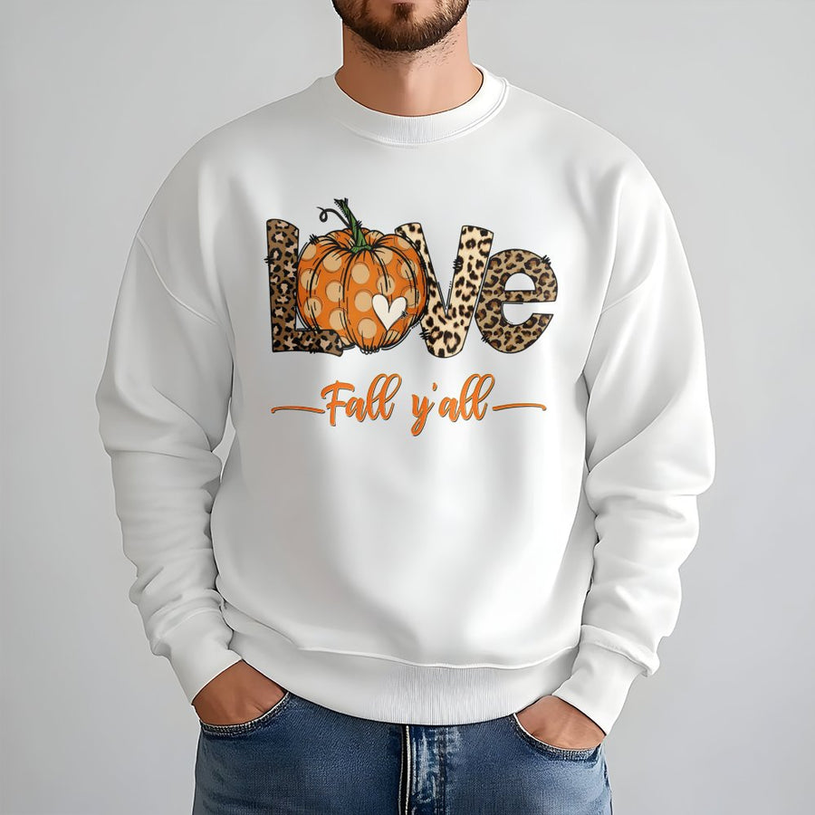 Fall Y'all Pumpkin Sweatshirt | Leopard Print LOVE Graphic | Cozy Cotton Blend | Cute Autumn Thanksgiving Gift For Her