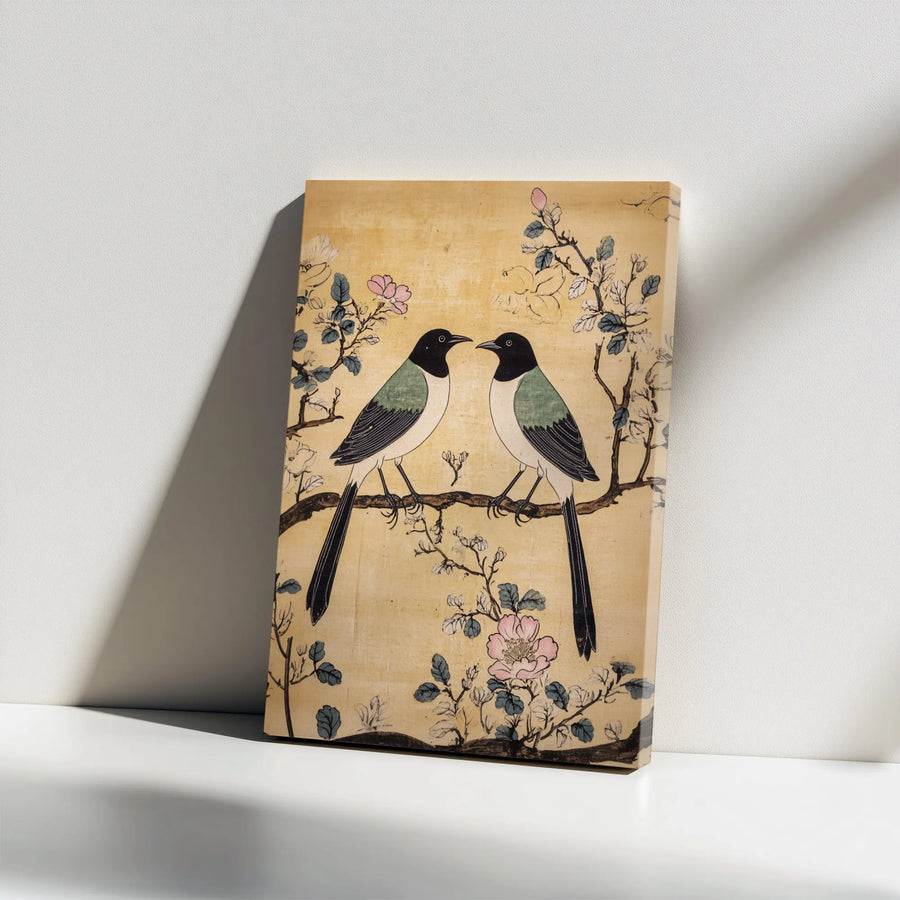 Japanese Art Canvas Print | Two Magpies On Flowering Branch | Gallery Wrapped Premium Decor | Chinoiserie Wall Art For Living Room Gift