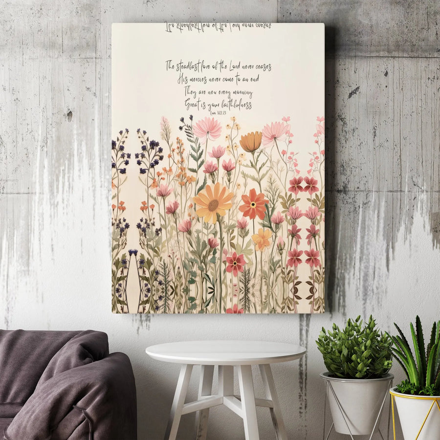Lamentations 3:22-23 Bible Verse Wall Art | Vintage Wildflower Floral Canvas Print | Premium 1.25" Gallery Wrap | Christian Home Decor Gift