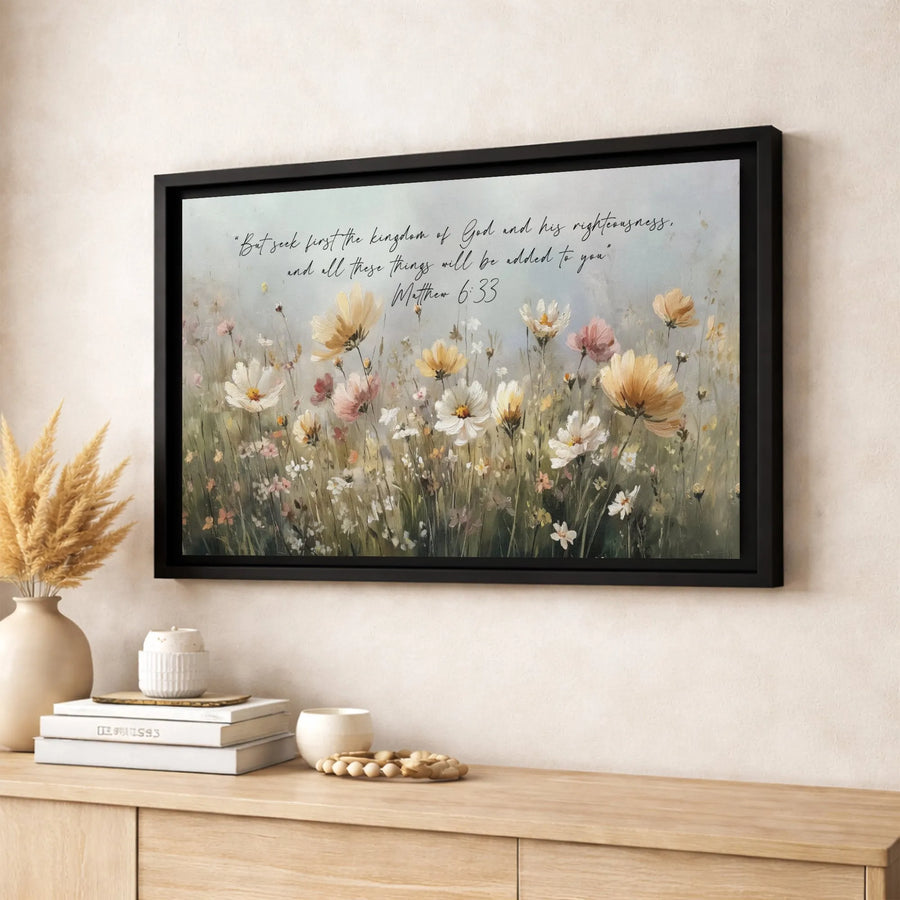 Matthew 6:33 Bible Verse Wall Art | Floral Meadow Scripture Print | Premium Gallery Wrapped Canvas | Christian Home Decor Gift