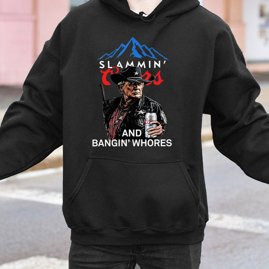 Trump Beer Drinking Hoodie, Slammin' Coors & Bangin' Whores Graphic, Bold Patriotic Hoodie For Beer Lovers & Trump Fans