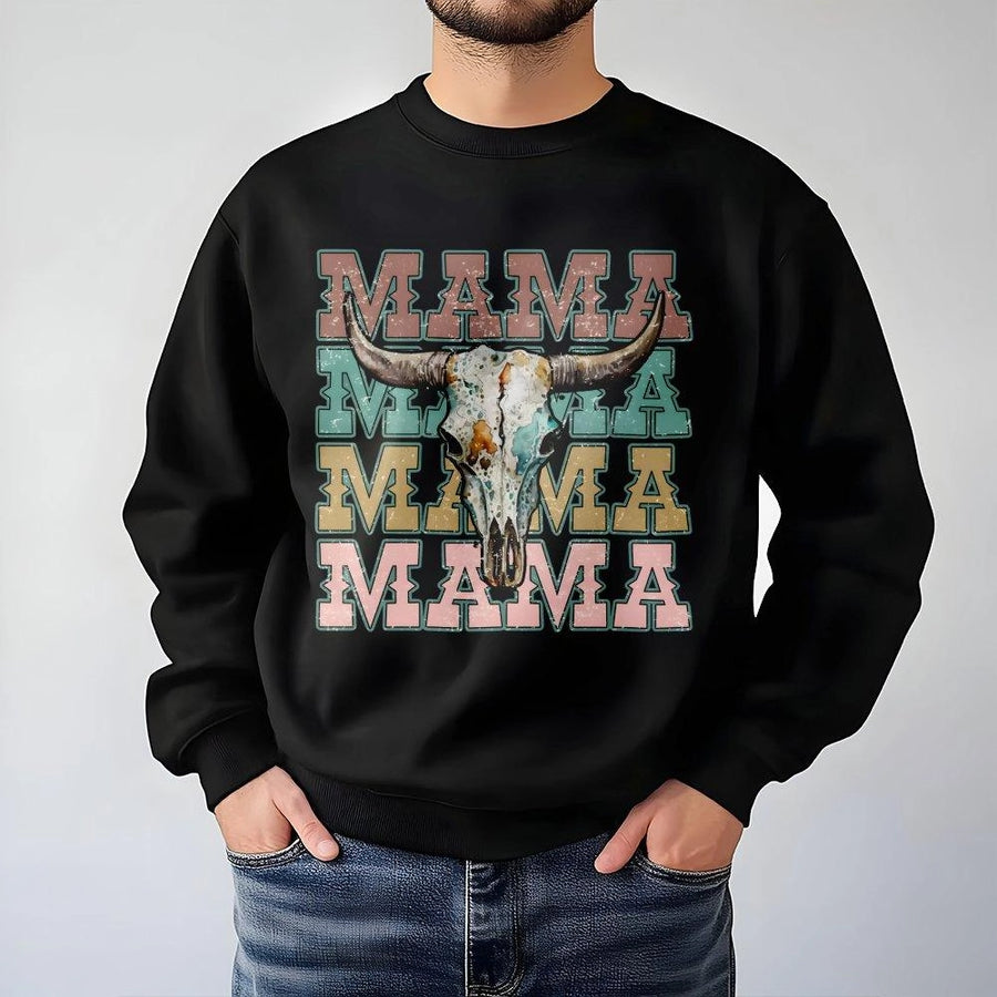 Mama Western Sweatshirt | Retro Bull Skull Graphic | Premium Cotton Blend Crewneck | Trendy Boho Cowgirl Gift for Mom