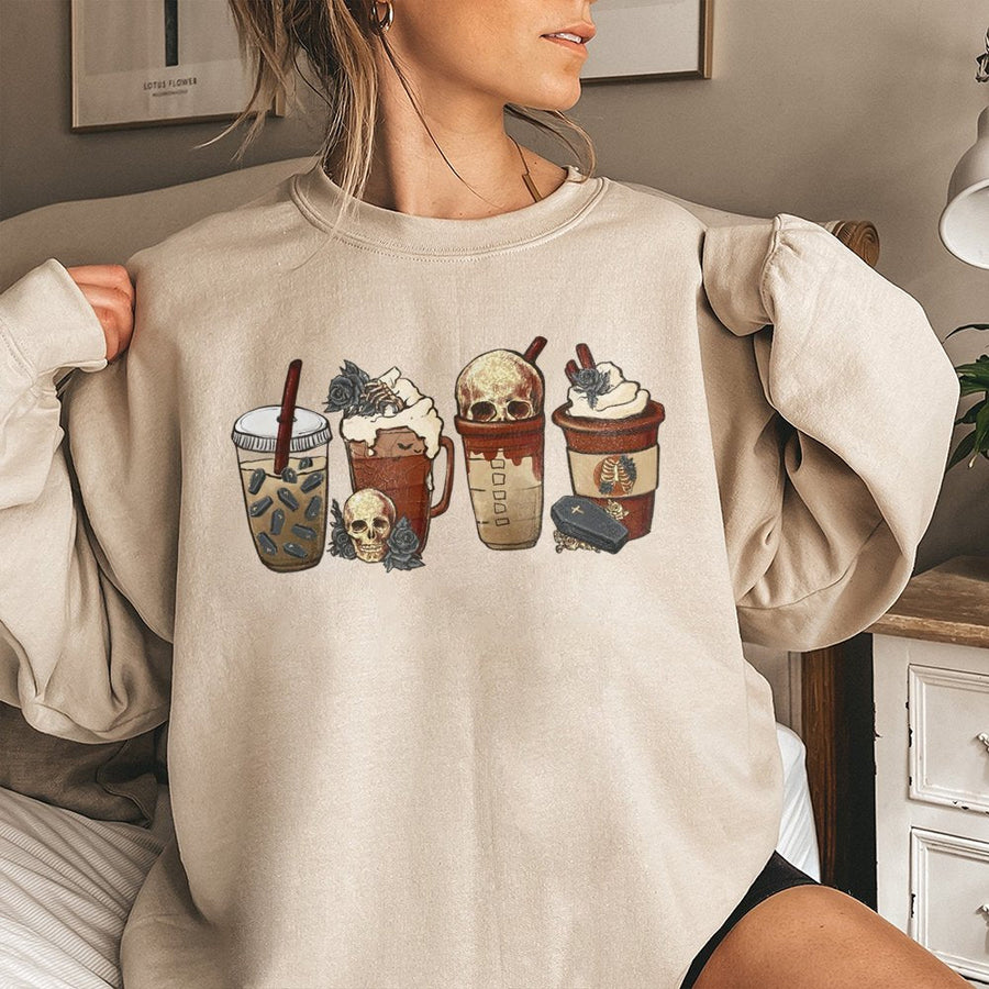 Gothic Coffee Sweatshirt | Spooky Skeleton Skull Iced Coffee Graphic | Soft Cotton-Blend Crewneck | Halloween Autumn Gift for Coffee Lovers