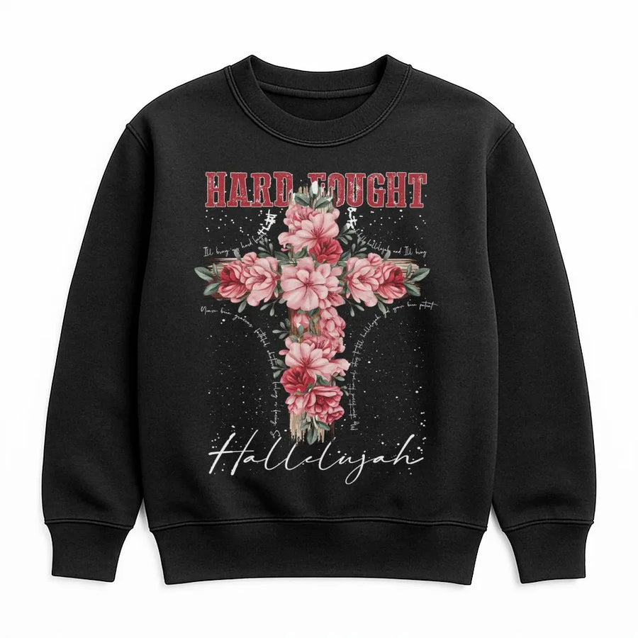 Hard Fought Hallelujah Sweatshirt | Floral Cross Graphic Design | Premium Cotton Blend | Christian Religious Gift for Women