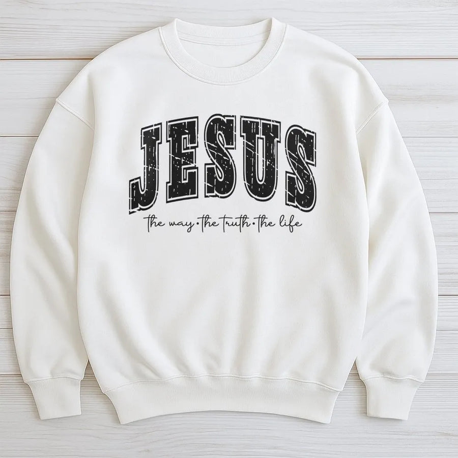 Jesus The Way The Truth The Life Sweatshirt | Distressed Varsity Font Religious Graphic | Premium Cotton Blend Crewneck | Christian Faith Gift For Her