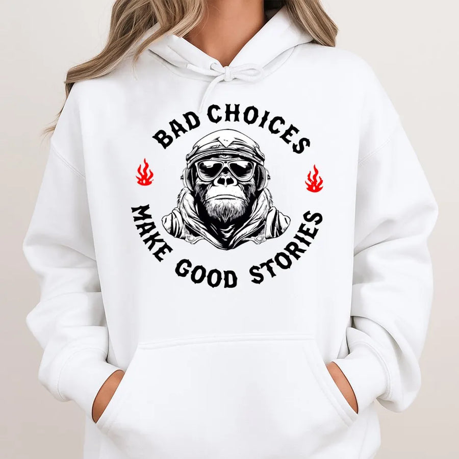 Bad Choices Make Good Stories Hoodie | Funny Chimpanzee Biker Graphic | Premium Unisex Pullover | Unique Gift for Adventure Seekers