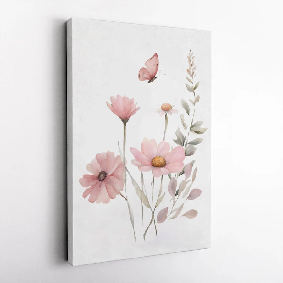 Watercolor Pink Flower Canvas Art | Soft Butterfly Wall Decor | Premium Fade-Resistant Gallery Wrap | Modern Botanical Nursery Gift
