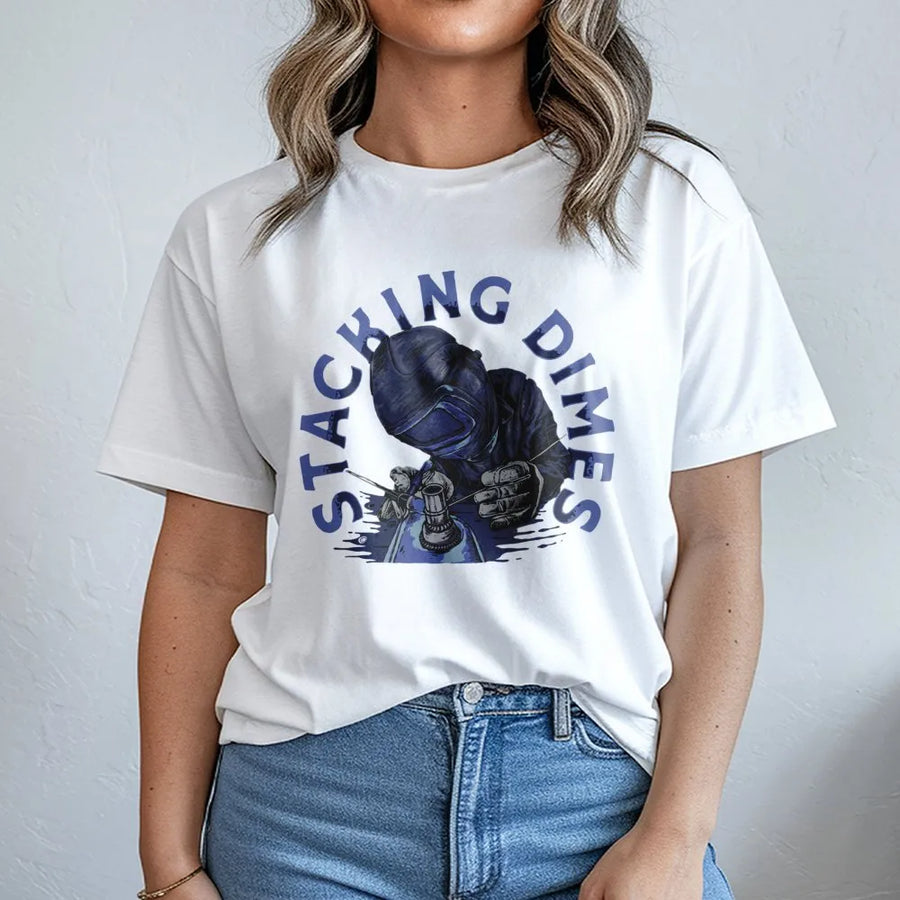 Stacking Dimes Welding T-Shirt | Professional Welder Graphic Art | Premium 100% Cotton | Gift for Metalworker and Fabricator