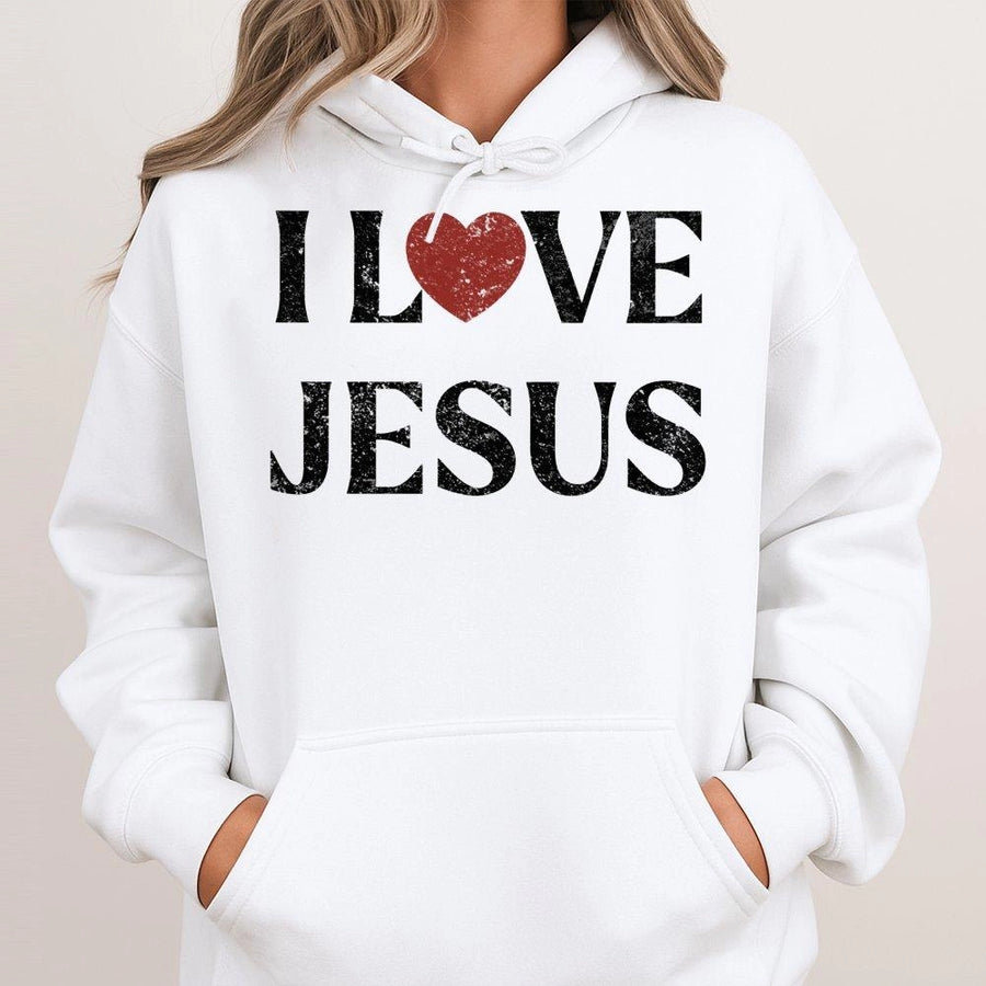 I Love Jesus Hoodie | Distressed Red Heart Religious Graphic | Premium Cotton Blend Sweatshirt | Christian Faith Gift for Men and Women