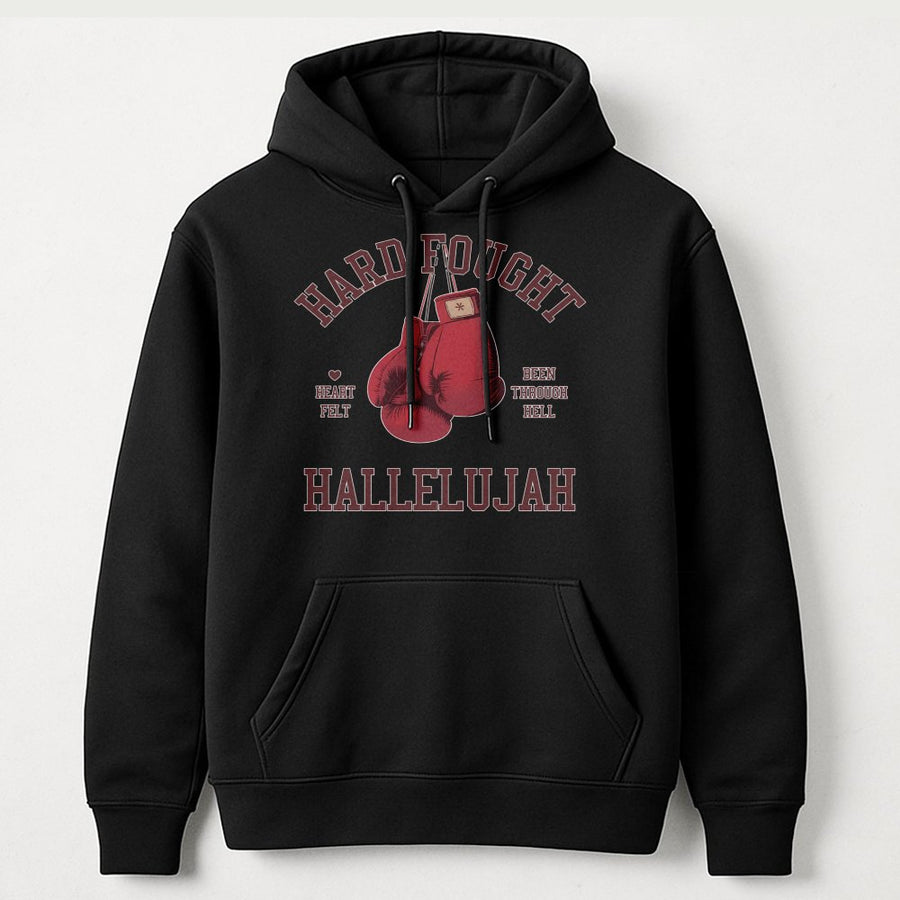 Hard Fought Hallelujah Hoodie | Christian Boxing Graphic Design | Premium Cotton-Blend Sweatshirt | Religious Faith Gift for Men and Women
