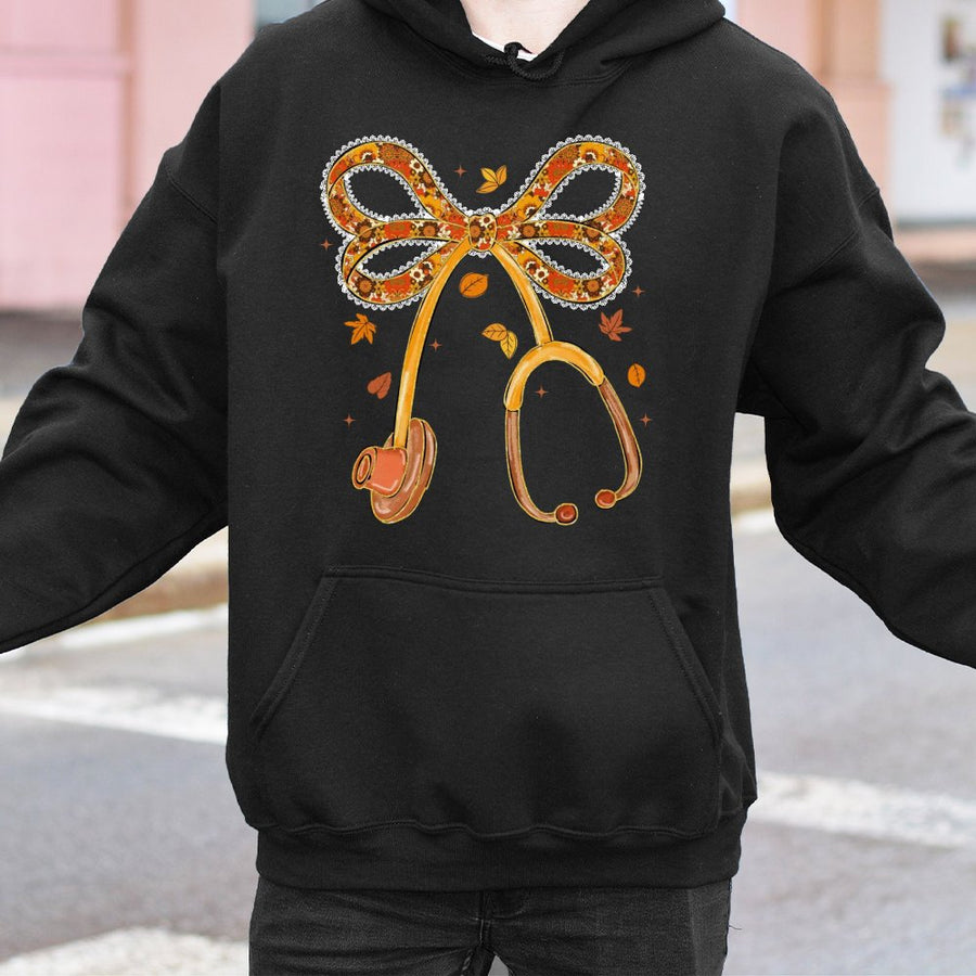 Nurse Fall Hoodie | Stethoscope Bow Autumn Floral Graphic | Cotton-Blend Premium Comfort | Thanksgiving Gift For RN Nurses and Nursing Students