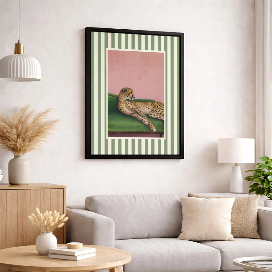 Cheetah Wall Art | Whimsical Animal Portrait on Green Sofa | Premium 1.25-Inch Gallery Canvas | Unique Maximalist Home Decor Gift
