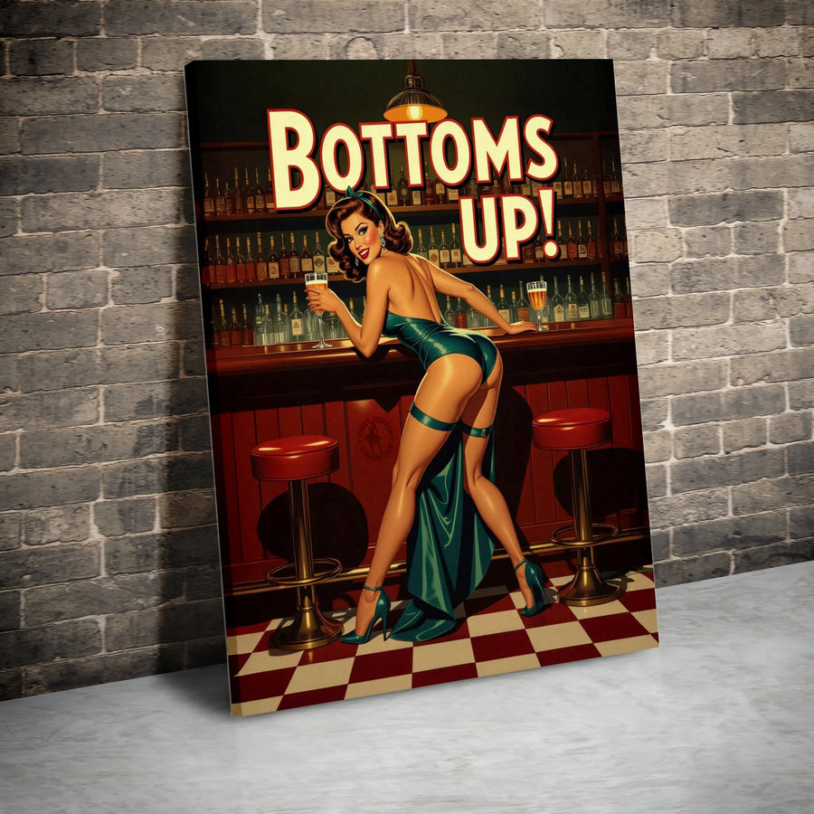 Bottoms Up Pin-Up Girl Wall Art | Vintage Retro Bar Decor Print | Premium Gallery Wrapped Canvas | Gift for Man Cave or Home Pub
