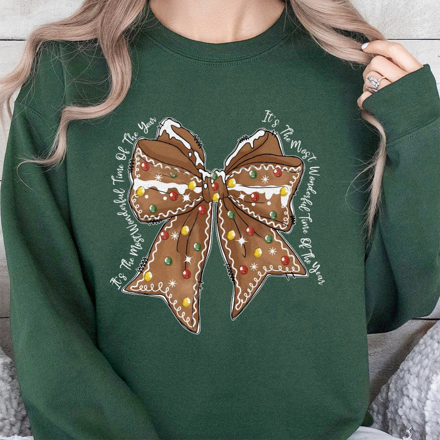 Gingerbread Bow Christmas Sweatshirt | Coquette Aesthetic Cookie Print | Premium Cotton Blend Crewneck | Festive Holiday Gift for Women