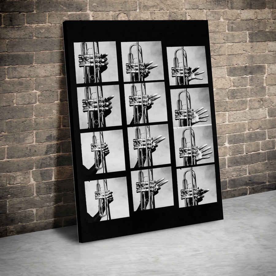 Trumpet Player Hands Canvas Art | Black and White Music Photography Grid | Gallery-Quality 1.25" Profile | Musician Gift for Studio Decor