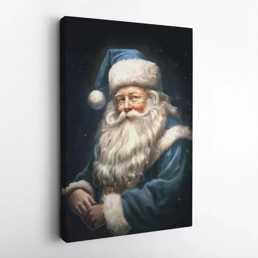 Blue Santa Claus Canvas Wall Art | Vintage Portrait Winter Decor | Premium Gallery Wrap Print | Festive Christmas Gift for Home Office