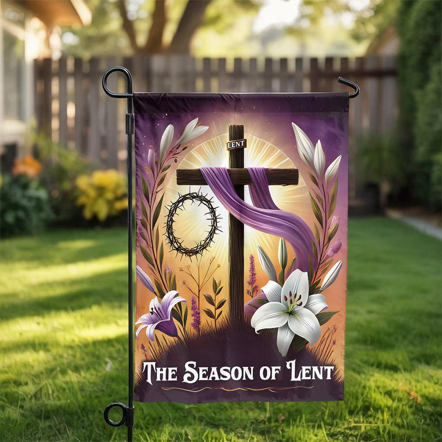 Lenten Garden Flag | Religious Christian Cross with Lilies & Crown of Thorns | Durable Polyester Outdoor Decor | Faithful Easter Yard Gift