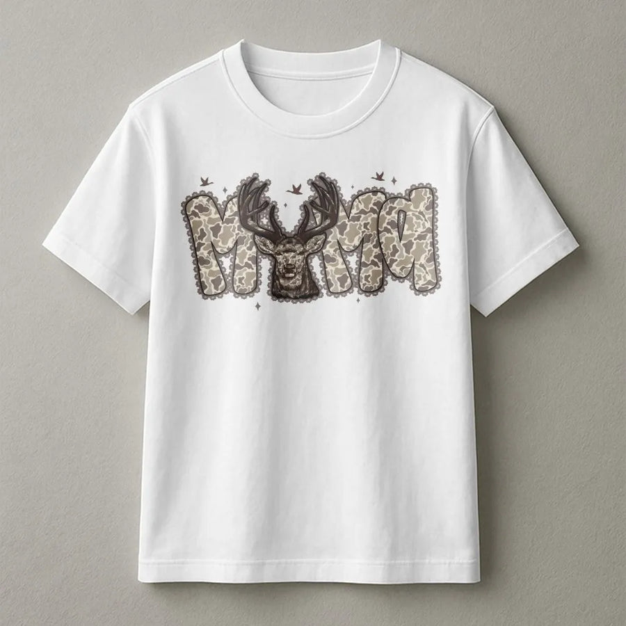 Camo Mama Deer T-Shirt | Rustic Hunting Aesthetic Graphic Tee | Premium Soft Cotton Blend | Wildlife Lover Mom Gift