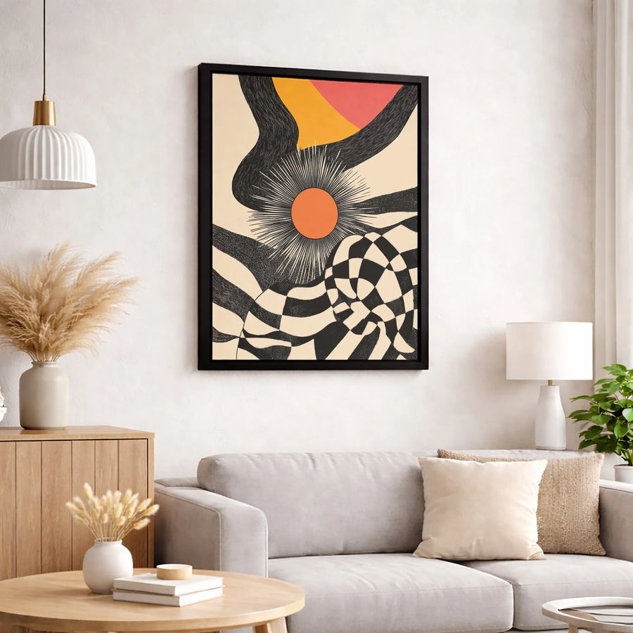 Abstract Sun Canvas Wall Art | Mid-Century Modern Warped Checkerboard | Premium Gallery Wrap Print | Aesthetic Home Decor For Living Room