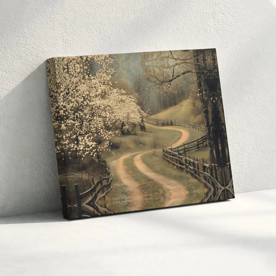 Country Road Canvas Wall Art | Winding Path with Spring Blossom Trees | Premium Gallery Wrapped Canvas | Rustic Home Decor Gift
