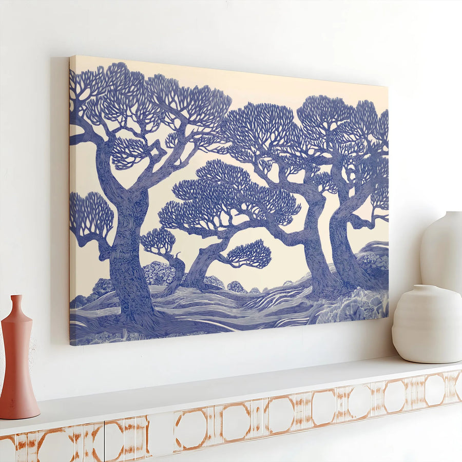 Blue Forest Canvas Wall Art | Gnarled Tree Linocut Print | Premium 1.25” Gallery Wrap | Modern Nature Decor for Living Room Office