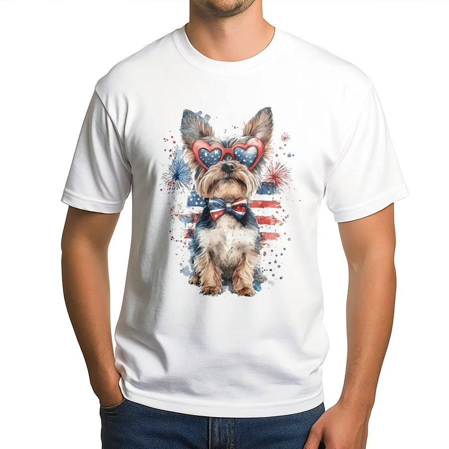 Patriotic Yorkie T-Shirt | Watercolor American Flag Graphic | Premium Cotton Blend | 4th of July Gift for Dog Lover
