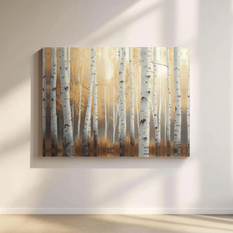 Golden Birch Tree Forest Canvas | Autumn Woodland Landscape Art | 1.25" Gallery Wrap Premium Print | Modern Nature Wall Decor for Living Room