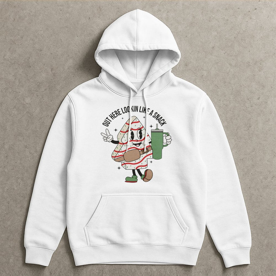 Christmas Tree Cake Hoodie | Retro Cartoon Snack Graphic | Premium Cotton Blend | Funny Holiday Gift for Women and Teens