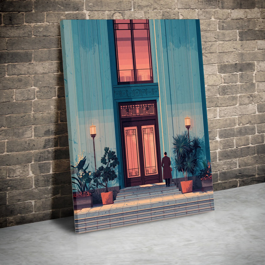 Mysterious Man in Trench Coat Wall Art | Architectural Cityscape Illustration | Premium Gallery Wrapped Canvas | Moody Home and Office Decor Gift