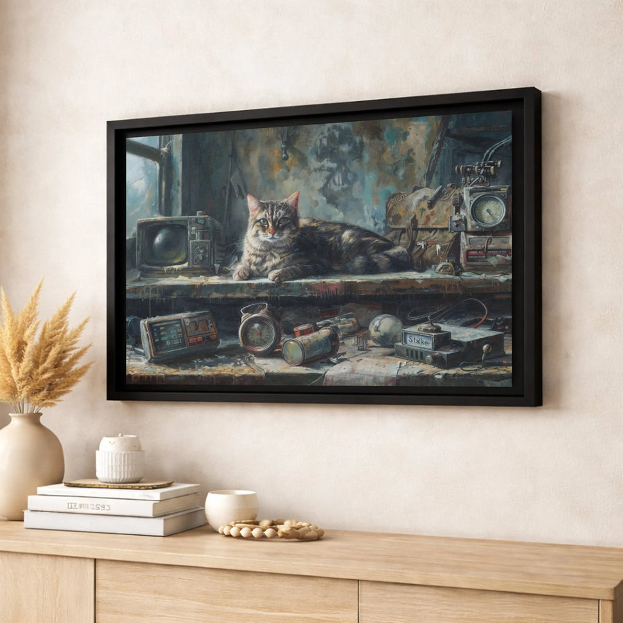Post-Apocalyptic Cat Canvas Print | Industrial Tabby Workshop Wall Art | Premium Gallery-Wrapped Decor | Gamer Room Gift for Cat Lovers