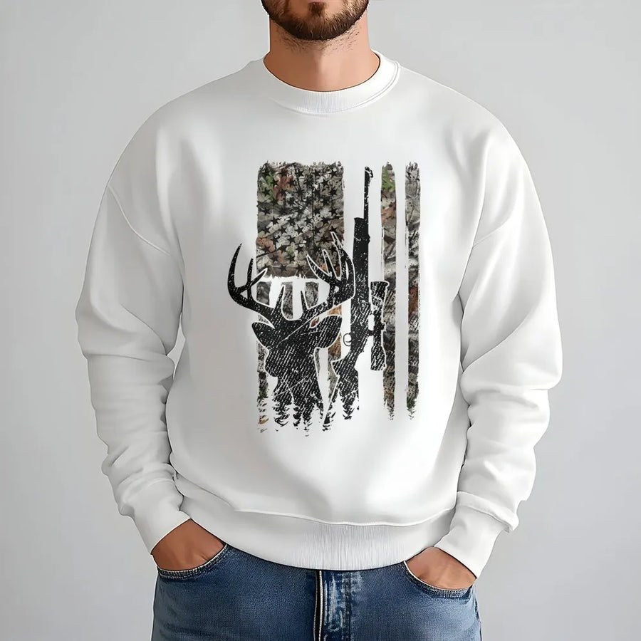 Deer Hunting American Flag Sweatshirt | Distressed Buck Skull Camo Graphic | Premium Cotton Blend | Patriotic Gift for Hunter Dad