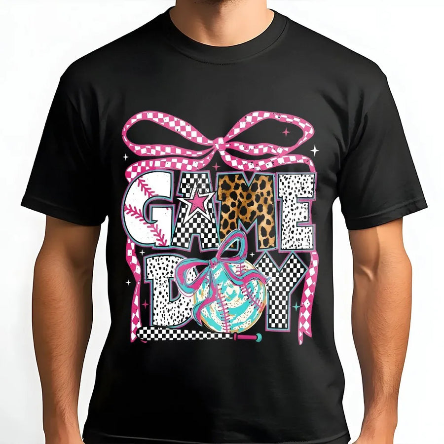 Game Day Baseball T-Shirt | Coquette Aesthetic Leopard Print Bow | Soft 100% Cotton Premium Tee | Trendy Gift for Baseball Mom