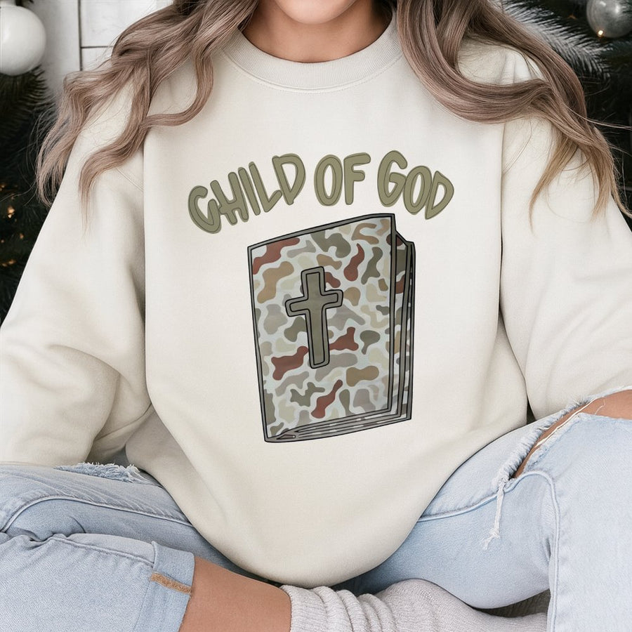 Child Of God Sweatshirt | Camo Bible Graphic Cross Design | Premium Cotton Blend | Christian Apparel Gift for Women and Men