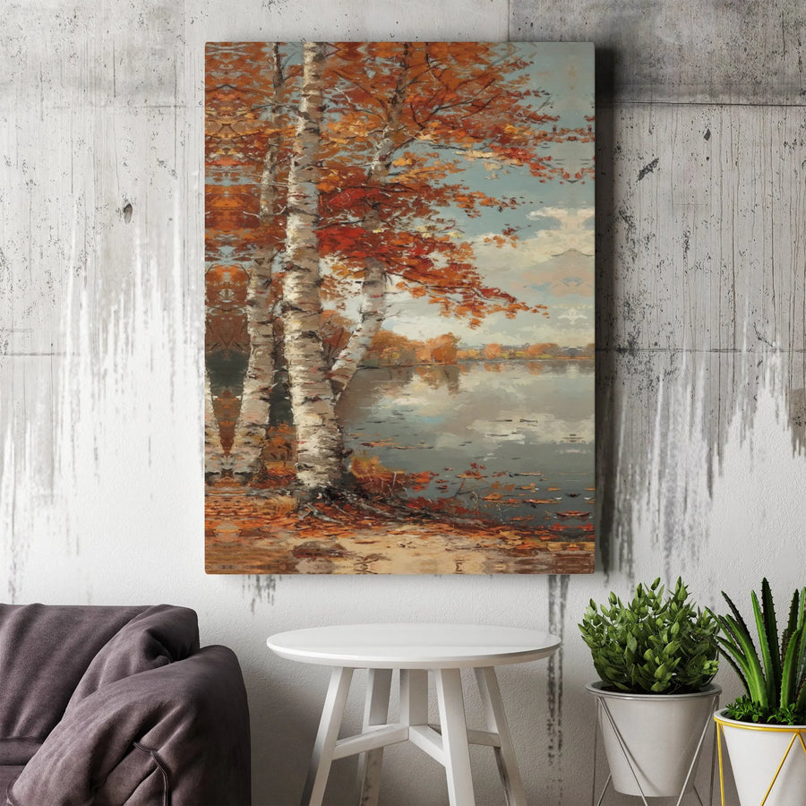 Autumn Birch Tree Canvas Art | Lake Landscape Painting | Premium Gallery Wrap Wall Decor | Fall Nature Home Decor for Living Room