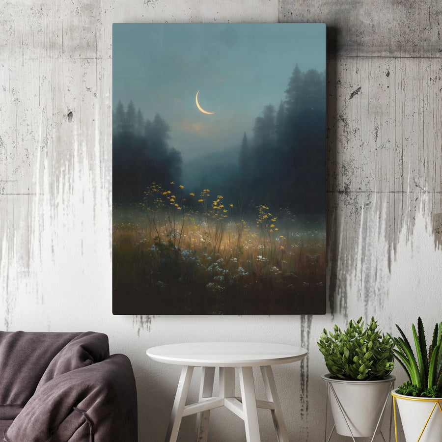 Misty Forest Wall Art | Wildflower Meadow Under Crescent Moon | Gallery Wrapped Premium Canvas | Serene Nature Landscape Decor for Home