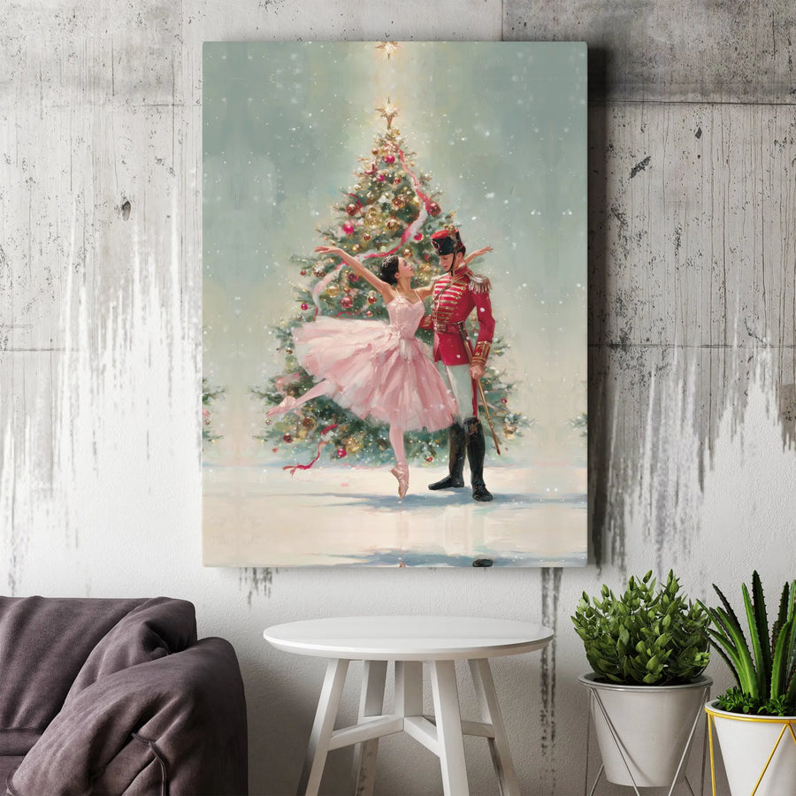 Nutcracker Ballet Canvas Art | Ballerina and Soldier Christmas Tree Wall Decor | Premium Gallery Wrap Print | Festive Holiday Gift for Dance Lovers