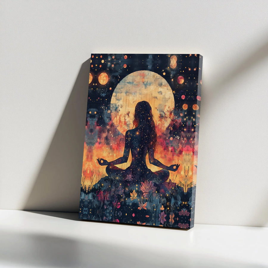 Meditating Yoga Woman Canvas Wall Art | Celestial Galaxy Silhouette with Full Moon | Premium Gallery-Wrapped 1.25" Frame | Spiritual Home Decor Gift