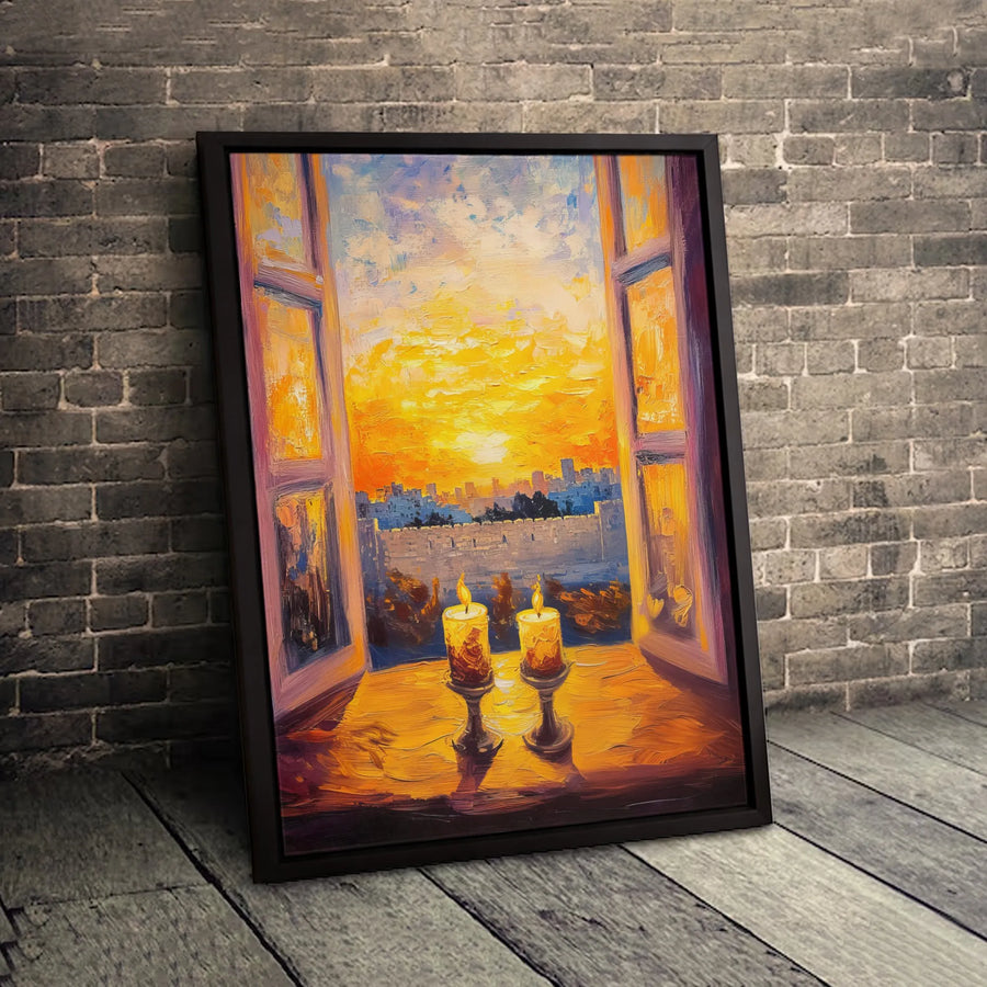 Jerusalem Old City Canvas Wall Art | Shabbat Candle Sunset Painting | Premium Gallery Wrap Print | Jewish Home Decor Gift