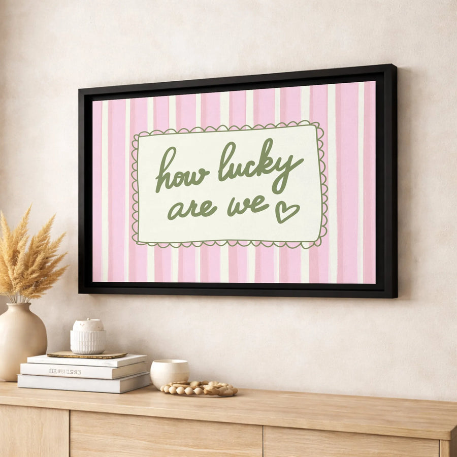 How Lucky Are We Wall Art | Pink Striped Nursery Decor | Gallery Wrap Canvas | Romantic Home Anniversary Gift
